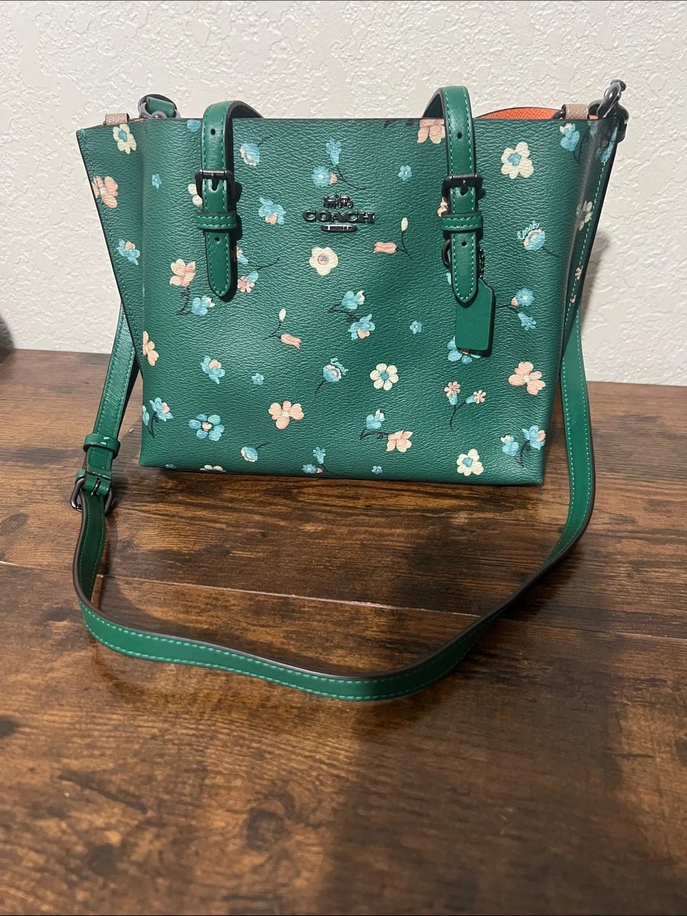 Beautiful Coach Green Floral Shoulder Tote with Pink & Blue Flowers